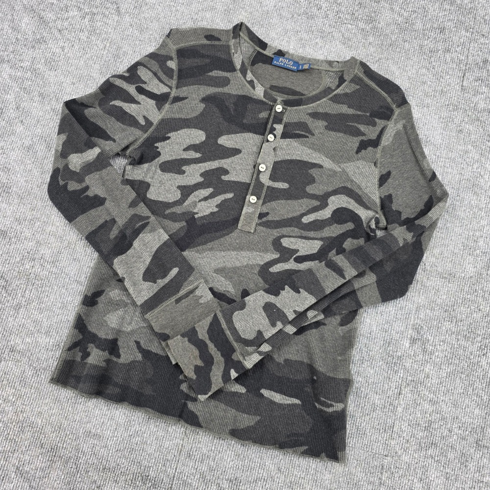 Polo Ralph Lauren Womens Grey Camo Waffle Knit Thermal Henley Top Large
